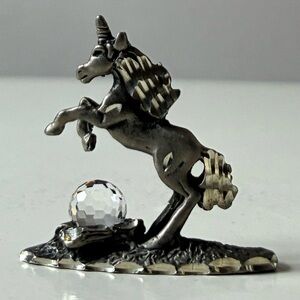 Vintage Mini Pewter Silver Unicorn Figurine with Crystal Orb Handmade miniature